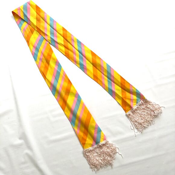 Striped Scarf in Pink Yellow Blue Orange, Retro Vintage Fringed Pastel Office - Picture 4 of 10